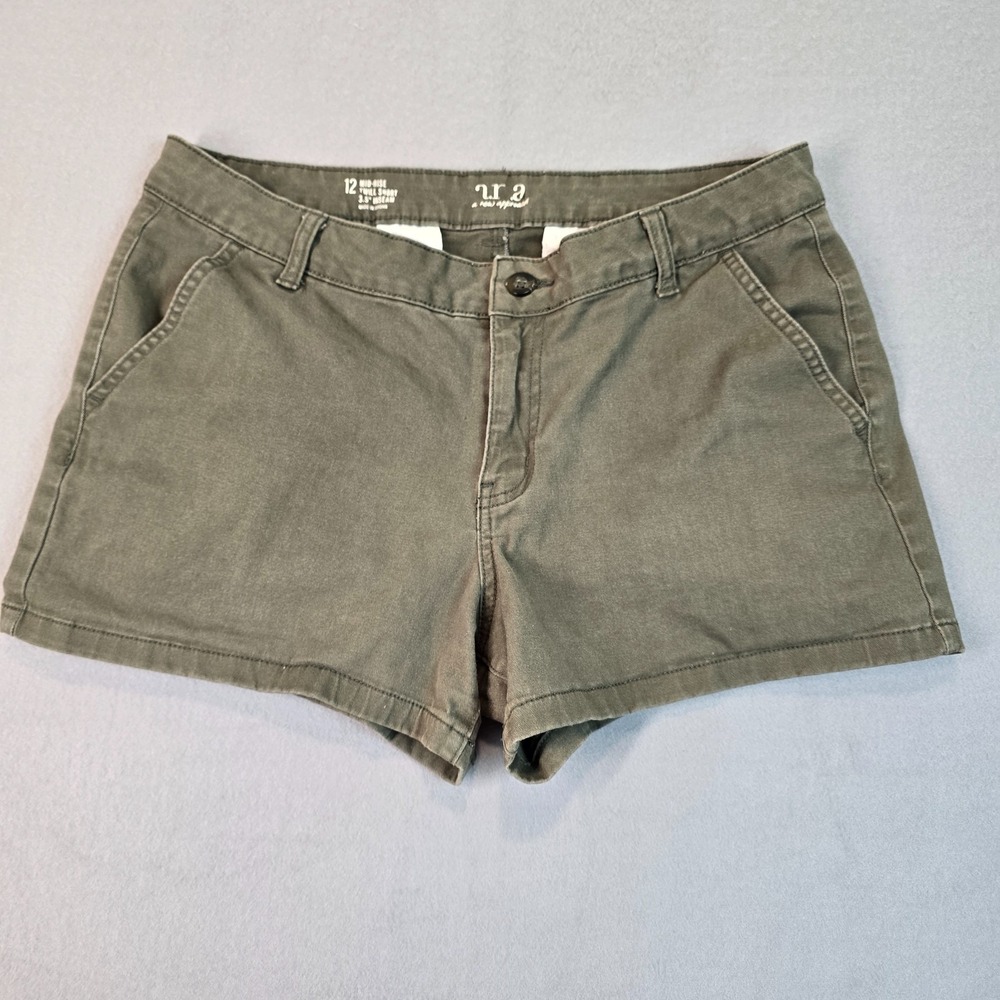 Women's Olive Green Mid Rise Twill Shorts Size 12 Stretch Cotton 3.5" Inseam Cas